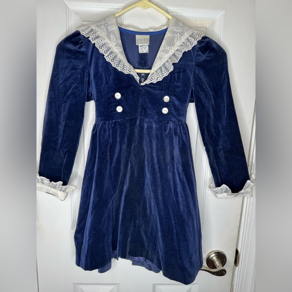Vintage 80s Girls Ruth of Carolina Dress Size 6X Blue Velvet Lace Made In USA